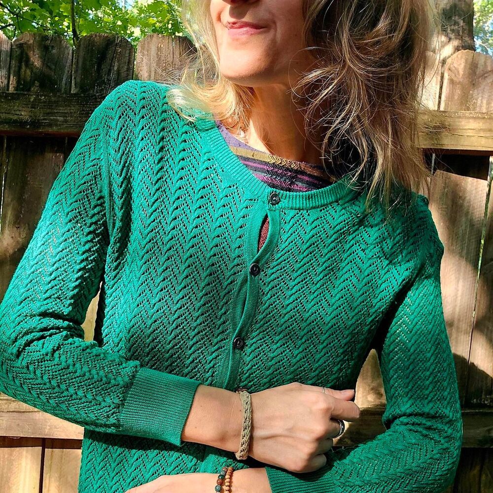 Emerald Green Pointelle Cardigan - Cotton Modal Knit, Size S